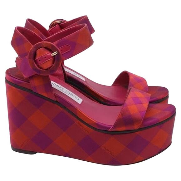 Jimmy Choo Shoes - Jimmy Choo Check Wedge Sandals in Pink Cotton